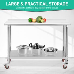 Garvee Stainless Steel Table, 60x24x35 in Metal Trolley Heavy Duty Double Tier Worktable with Casters Backsplash Food Preparation Stainless Steel Table for Kitchen Restaurant Commercial Workstation