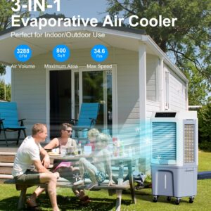 MEPTY Evaporative Air Cooler, 3288CFM Swamp Cooler, Portable Air Cooler Fan with Remote Control, 3 Speeds, 120°Oscillation, 12H Timer for Indoor & Outdoor Patio Garage Use,10.6 Gallon,42inch