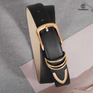 TRIWORKS Women's Leather Belts for Jeans Dresses Ladies Waist Belt with Fashion Gold Buckle, A-Black+Brown+Beige