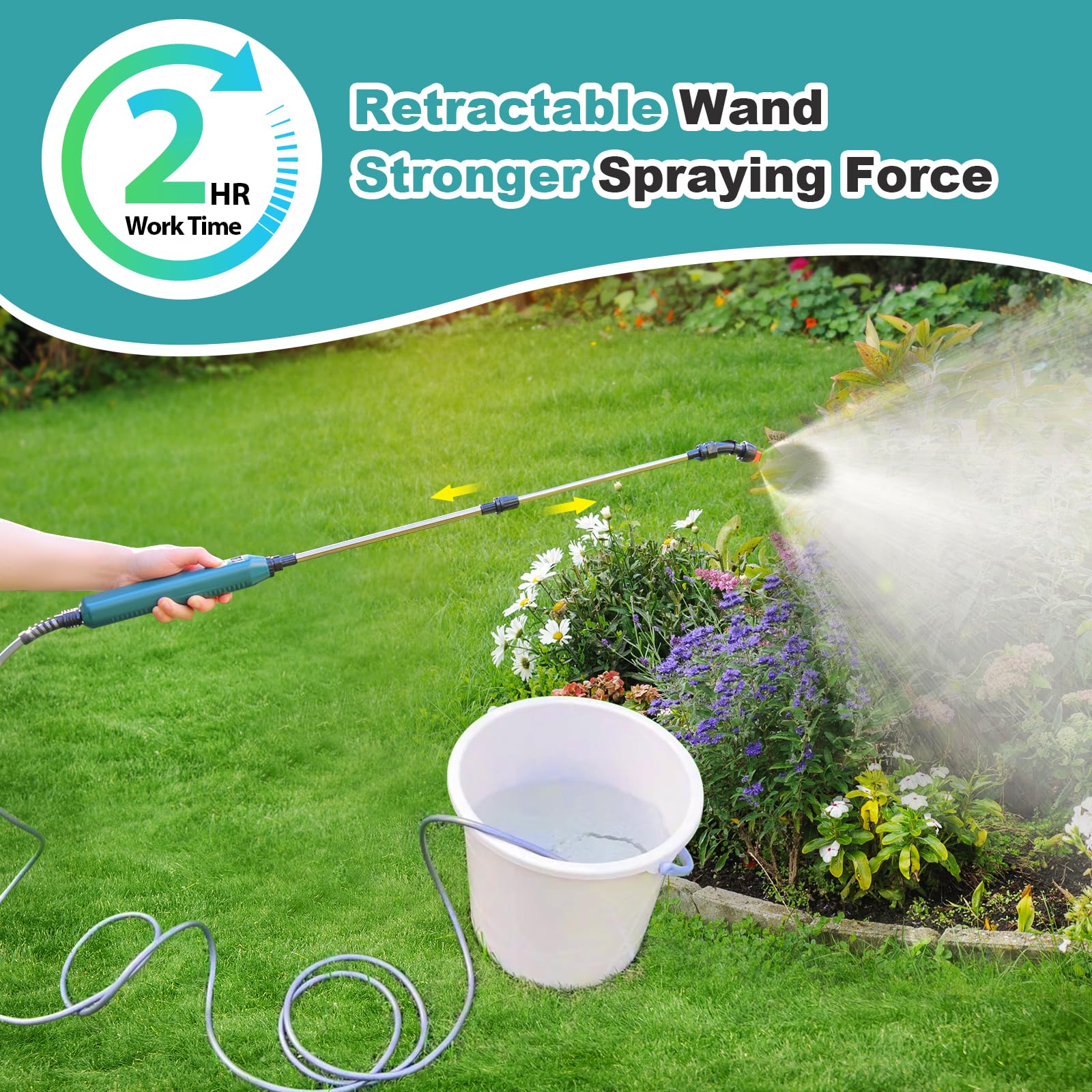 SideKing Battery Powered Sprayer Wand, New Upgraded 23.6inch Electric Sprayer Telescopic Wand with Battery Indicator, 16.4FT Hose, 3 Mist Nozzles, Rechargeable and Portable Spray Wand for Gardening