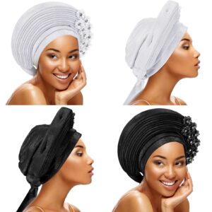 cuffbow 2 pcs gele african head wraps nigerian auto gele headties with stones turbans hats for black women wedding party (black, white)