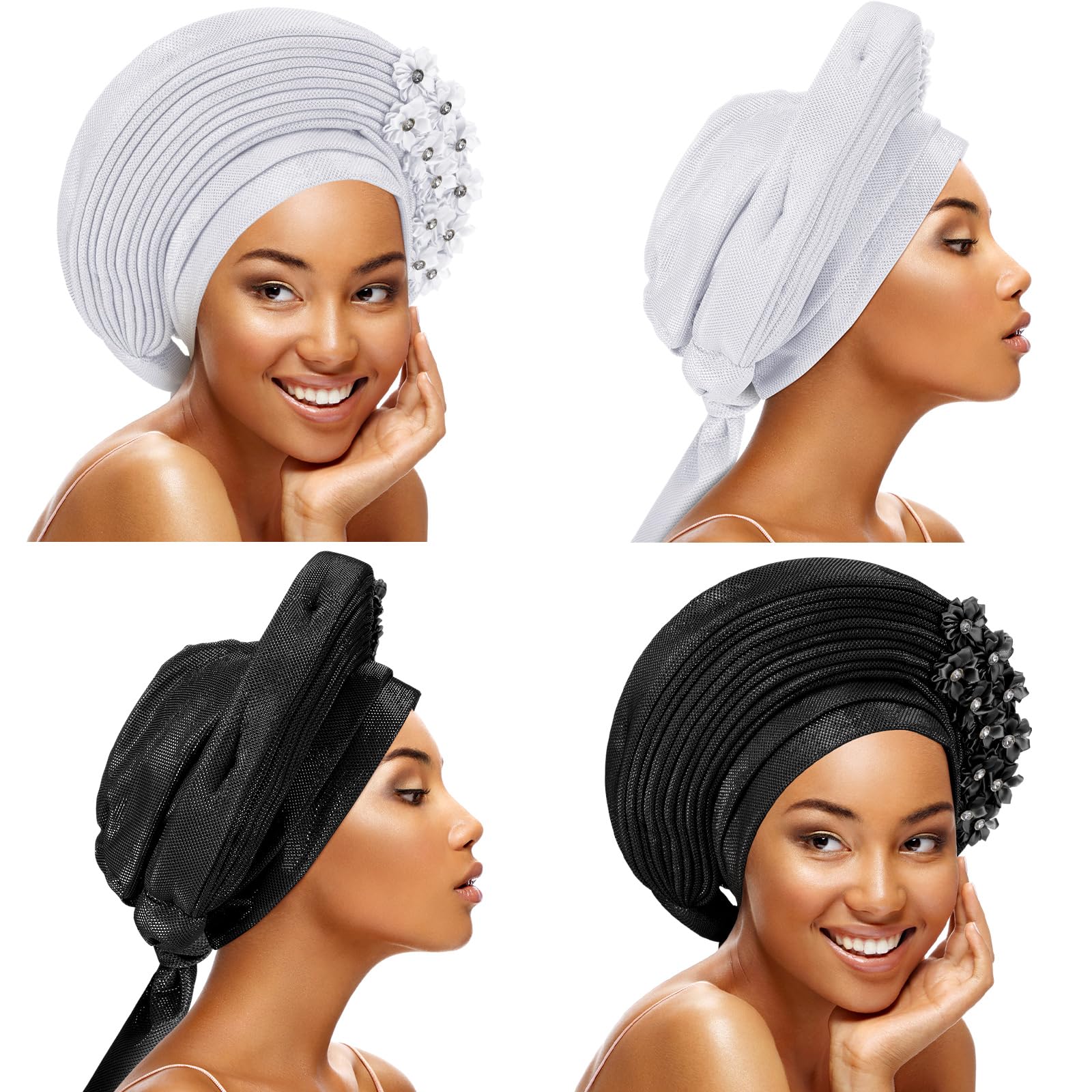 Cuffbow 2 Pcs Gele African Head Wraps Nigerian Auto Gele Headties with Stones Turbans Hats for Black Women Wedding Party (Black, White)