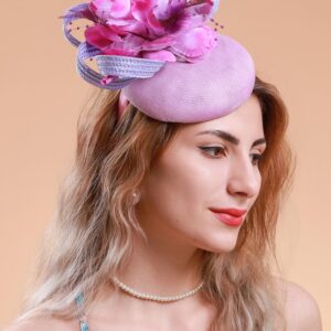 Cizoe Fascinators Hat for Women Kentucky Derby Headpiece Tea Party Hats Feather Wedding Headware Bridal Headpiece(lavender)