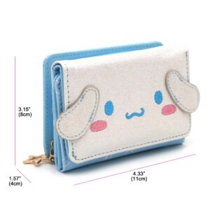 FLYBOT Cinnamoroll Wallet Adorable White Puppy Curly Ear Japanese Character Trifold Slim Cartoon Snap Zipper Closure Card Holder Vegan Leather for Girls Women, Officially Designed