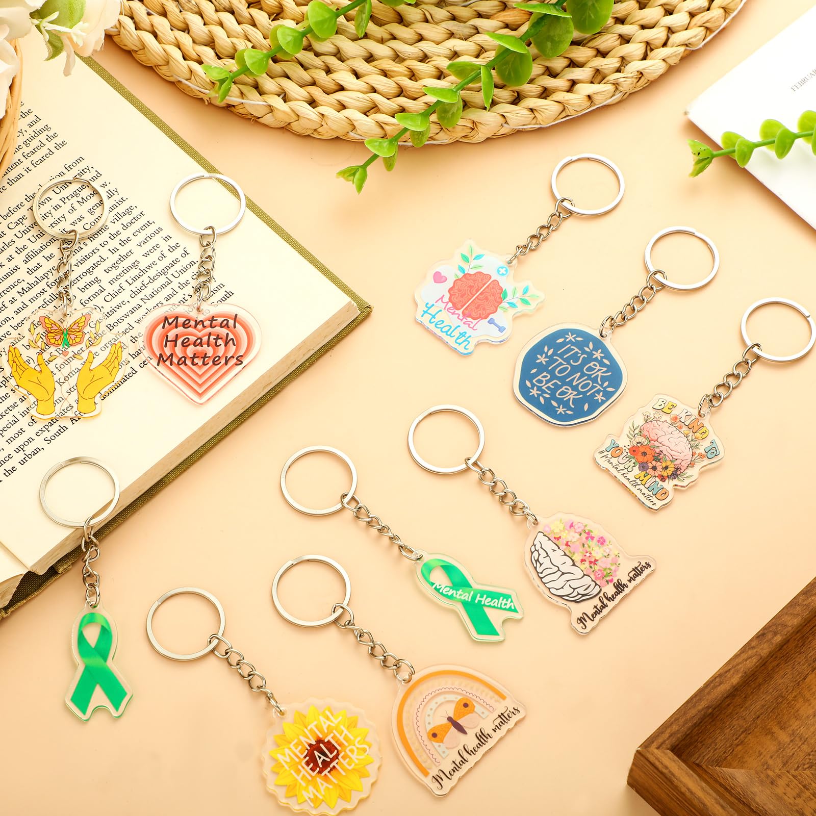 Remuuly 50 Pcs Mental Health Matters Gifts for Women Mental Health Keychain Gifts Acrylic Sunflower Heart Inspirational Key Ring for Women Men (Assorted)