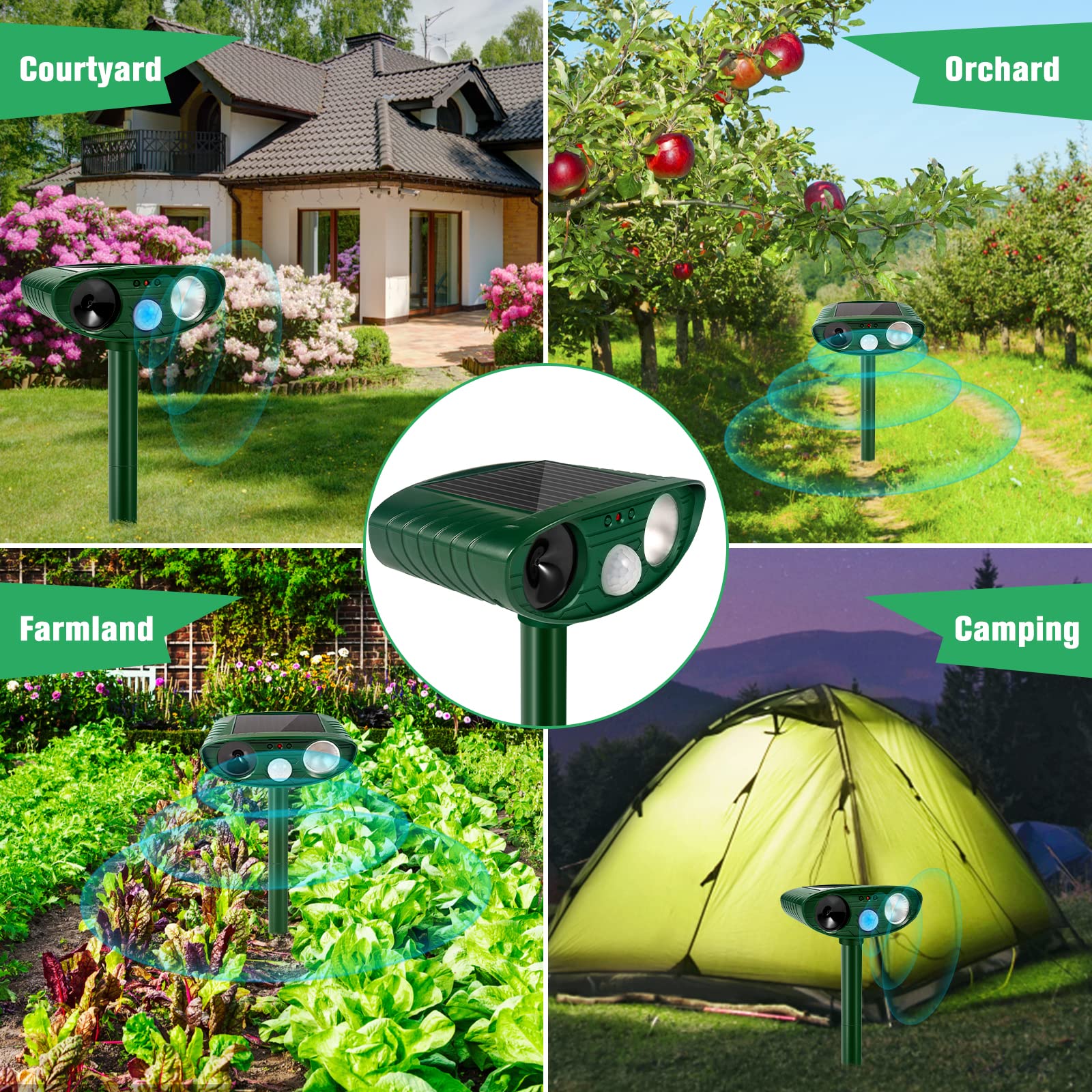 Ultrasonic Cat Deterrent, Solar Powered Deterrent Device with Motion Sensor and Flashing Light, Waterproof Device for Farm, Garden, Yard, Dogs, Birds, Green