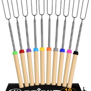 Briout Extendable Stainless Steel Roasting Sticks - Smores Sticks for Fire Pit Long 32 Inch, Smore Skewers Hot Dog Fork Campfire Accessories, Camping Essentials for S'mores - 10 Pack