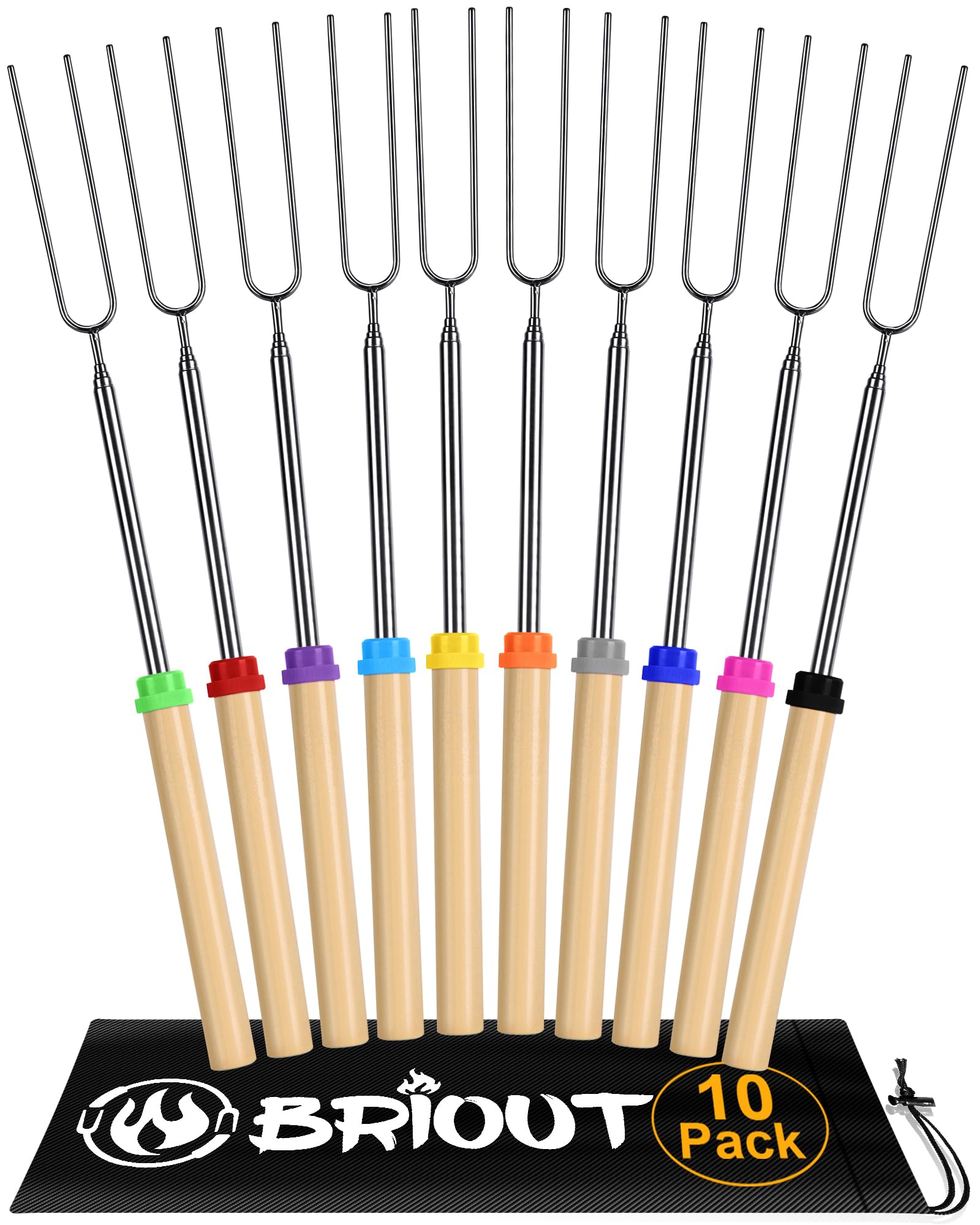 Briout Extendable Stainless Steel Roasting Sticks - Smores Sticks for Fire Pit Long 32 Inch, Smore Skewers Hot Dog Fork Campfire Accessories, Camping Essentials for S'mores - 10 Pack