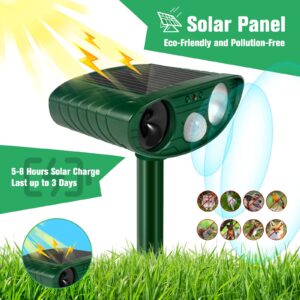 Ultrasonic Cat Deterrent, Solar Powered Deterrent Device with Motion Sensor and Flashing Light, Waterproof Device for Farm, Garden, Yard, Dogs, Birds, Green