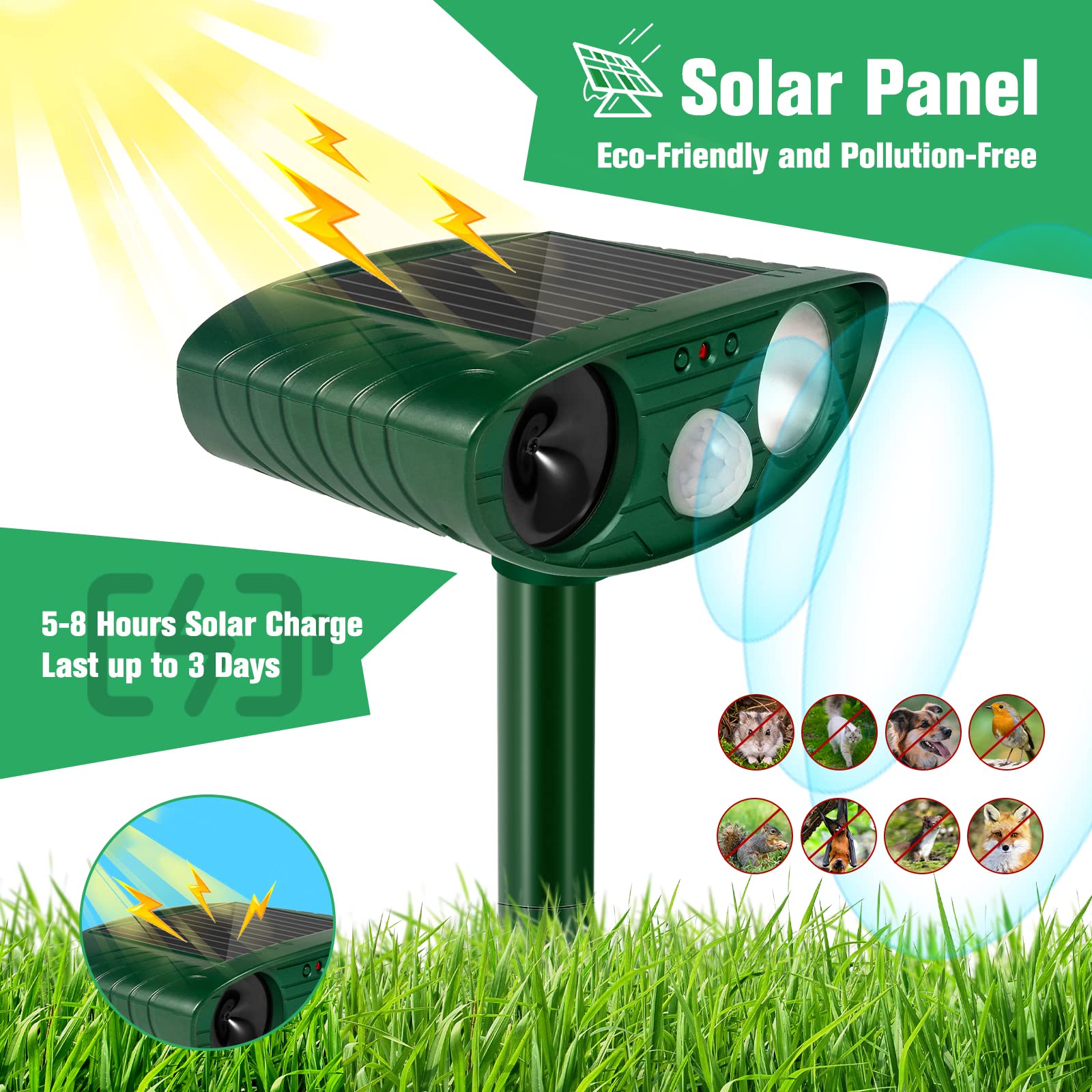 Ultrasonic Cat Deterrent, Solar Powered Deterrent Device with Motion Sensor and Flashing Light, Waterproof Device for Farm, Garden, Yard, Dogs, Birds, Green