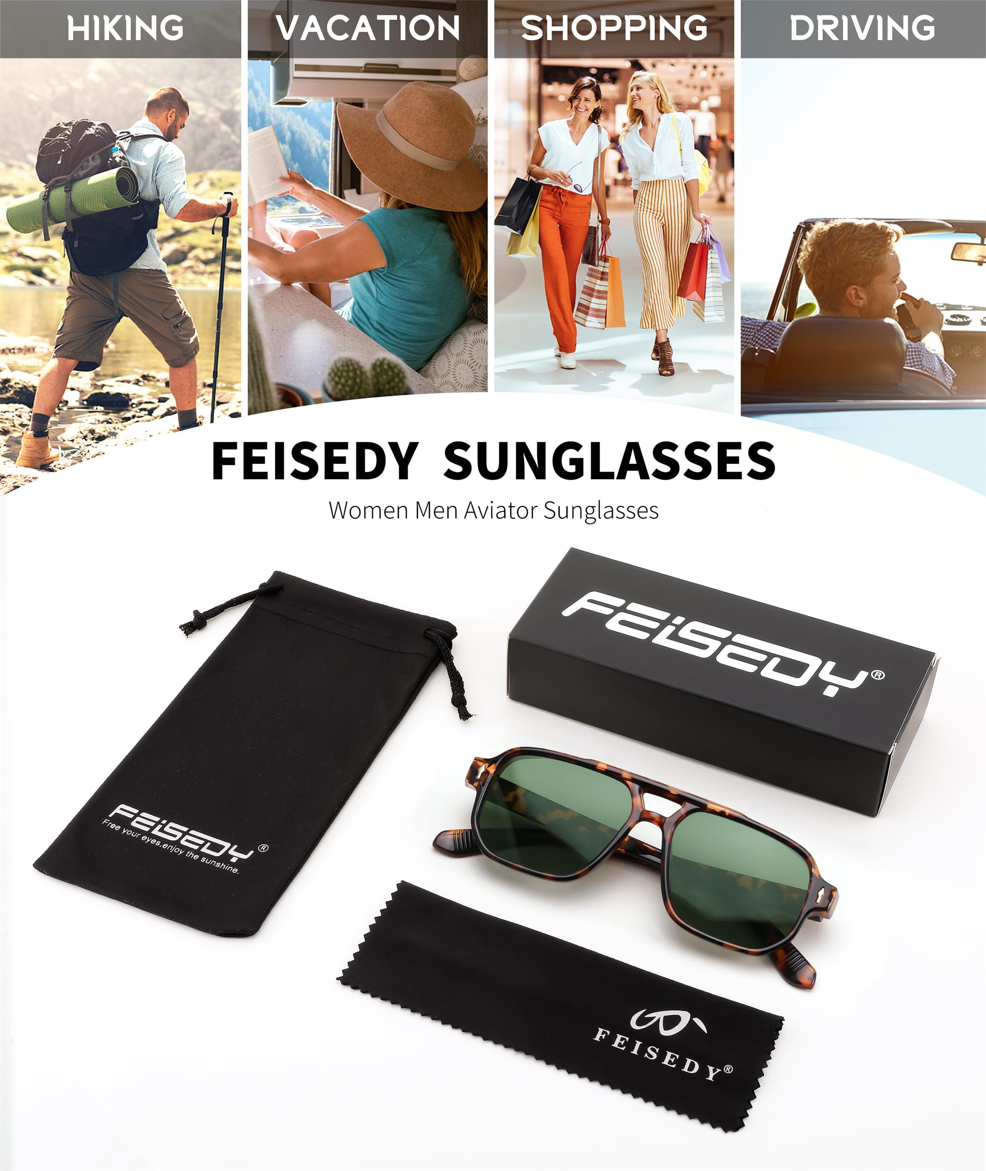 FEISEDY Retro Square Aviator Sunglasses Women Men, 70s Vintage Rectangle UV400 Sun Glasses B9120