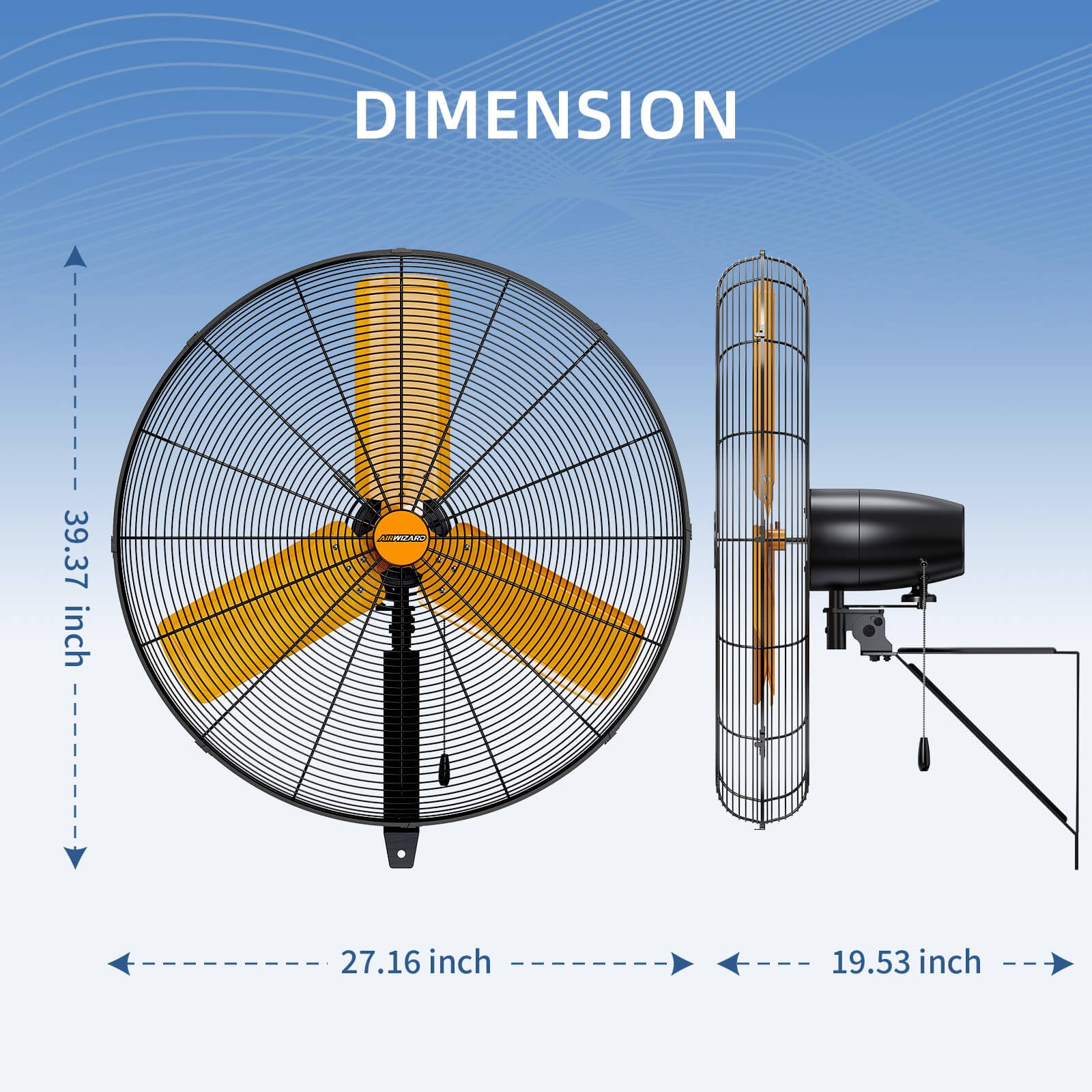 AIRWIZARD 24 inch Oscillating High Velocity Wall Mount Fan, 7600 CFM Industrial Heavy Duty Metal Wall Fan, 3 Speeds, Adjustable Height and Tilt, Commercial Shop Fan for Garage, Workshop