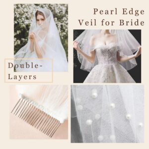 YAEISM Pearl Edge Wedding Veil 2 Tier Beaded Bridal Veils Fingertip Length White Veil Double Layer Pearl Veil with Comb Gorgeous Bachelorette Veil for Bride