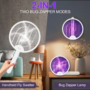 Foldable Electric Fly Swatter Racket, Portable 2 in 1 Bug Zapper Racket, Fly Killer and Mosquito Trap Lamp, USB Rechargeable with 1200mAh Battery for Indoor and Outdoor Home Backyard Patio Camping