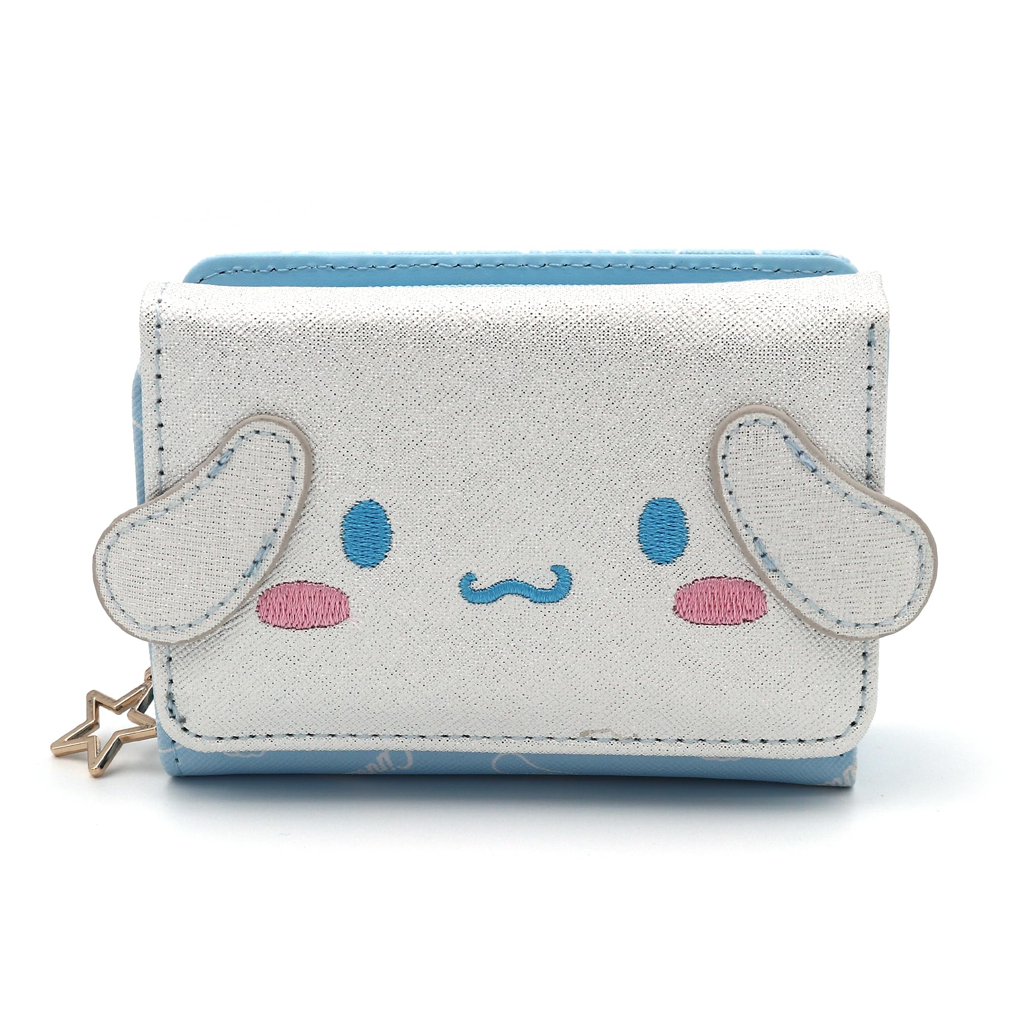 FLYBOT Cinnamoroll Wallet Adorable White Puppy Curly Ear Japanese Character Trifold Slim Cartoon Snap Zipper Closure Card Holder Vegan Leather for Girls Women, Officially Designed