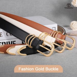 TRIWORKS Women's Leather Belts for Jeans Dresses Ladies Waist Belt with Fashion Gold Buckle, A-Black+Brown+Beige