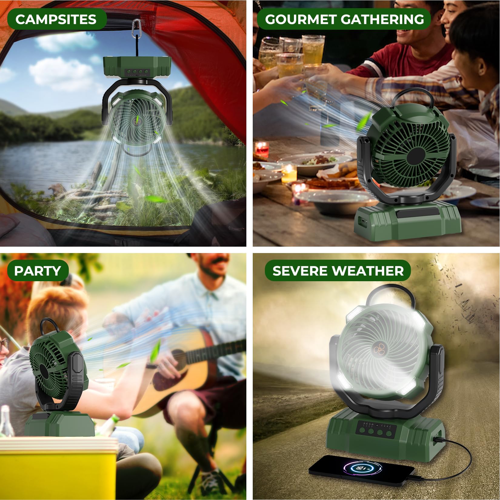 Mlogiroa Rechargeable Camping Fan with LED Lantern - Battery Powered Fan 10000mah, Portable Tent Fan with Remote&Hook 4 Speeds 3 Light Modes USB Oscillating Table Fan for Outdoor Fishing Picnic Travel