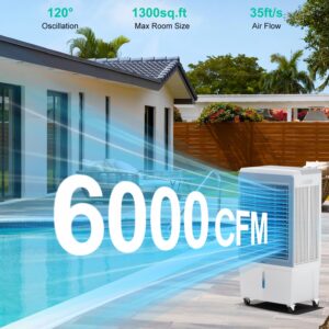 Uthfy Evaporative Air Cooler, 6000 CFM Swamp Cooler with 13.5 Gallon Water Reservoir, 120°Oscillation Portable Air Cooler with Remote Control, 12H Timer, 3 Wind Speeds for Outdoor Indoor Use