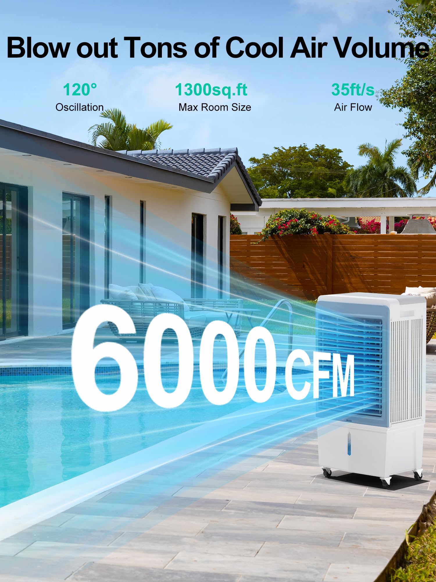 Uthfy Evaporative Air Cooler, 6000 CFM Swamp Cooler with 13.5 Gallon Water Reservoir, 120°Oscillation Portable Air Cooler with Remote Control, 12H Timer, 3 Wind Speeds for Outdoor Indoor Use