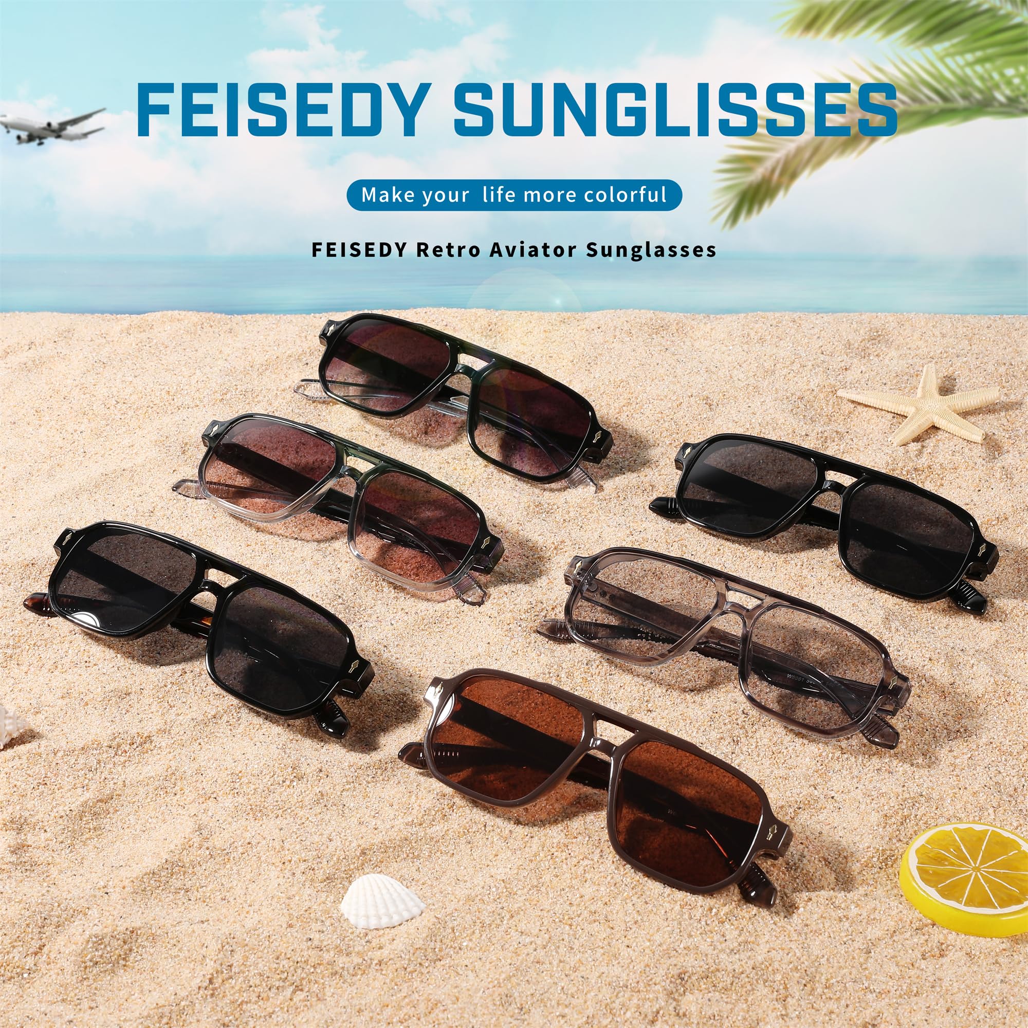 FEISEDY Retro Square Aviator Sunglasses Women Men, 70s Vintage Rectangle UV400 Sun Glasses B9120