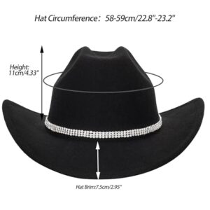 Women-Rhinestone-Western-Cowboy-Hats - Vintage-Wide-Brim-Cowgirls-Hat Bling-Diamond-Hat for Disco Music Party M/L Black