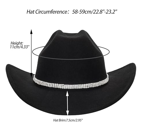 Women-Rhinestone-Western-Cowboy-Hats - Vintage-Wide-Brim-Cowgirls-Hat Bling-Diamond-Hat for Disco Music Party M/L Black