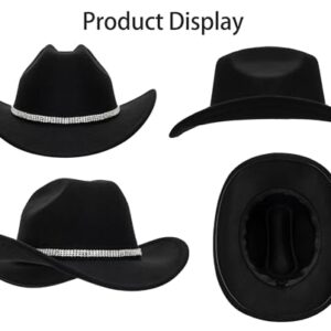 Women-Rhinestone-Western-Cowboy-Hats - Vintage-Wide-Brim-Cowgirls-Hat Bling-Diamond-Hat for Disco Music Party M/L Black