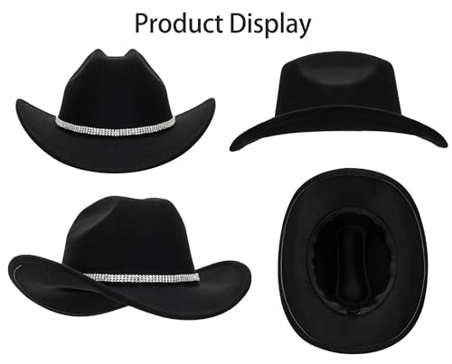 Women-Rhinestone-Western-Cowboy-Hats - Vintage-Wide-Brim-Cowgirls-Hat Bling-Diamond-Hat for Disco Music Party M/L Black