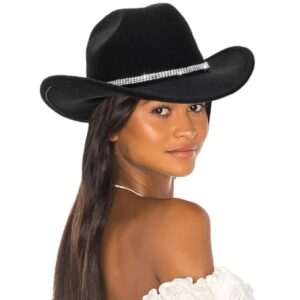 Women-Rhinestone-Western-Cowboy-Hats - Vintage-Wide-Brim-Cowgirls-Hat Bling-Diamond-Hat for Disco Music Party M/L Black