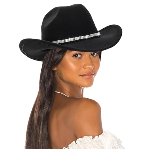 Women-Rhinestone-Western-Cowboy-Hats - Vintage-Wide-Brim-Cowgirls-Hat Bling-Diamond-Hat for Disco Music Party M/L Black