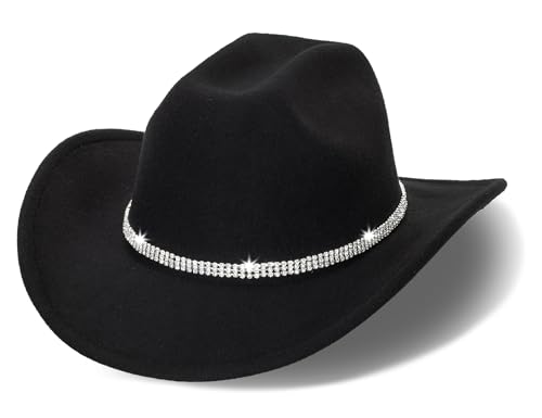 Women-Rhinestone-Western-Cowboy-Hats - Vintage-Wide-Brim-Cowgirls-Hat Bling-Diamond-Hat for Disco Music Party M/L Black