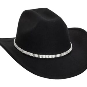 Women-Rhinestone-Western-Cowboy-Hats - Vintage-Wide-Brim-Cowgirls-Hat Bling-Diamond-Hat for Disco Music Party M/L Black