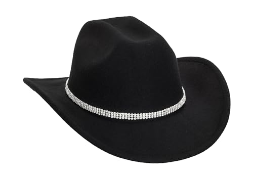 Women-Rhinestone-Western-Cowboy-Hats - Vintage-Wide-Brim-Cowgirls-Hat Bling-Diamond-Hat for Disco Music Party M/L Black