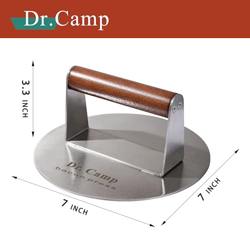 Dr.Camp 7 INCH Stainless Steel Smash,Burger Press,Burger Smasher,Hamburger Press,Patty Smasher, Meat Press, Bacon Press, Grill Press with Wood Handle (HT-B-7005)