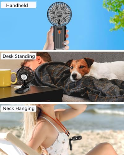 Portable Fan Handheld Fan, Mini Hand Held Fan, 6-15H Cooling Small Personal Fan, 180° Foldable Mini Desk Fan with 4 Quiet Speed, Neck Fan w/Lanyard for Kids Women Men Travel Outdoor Office, Black