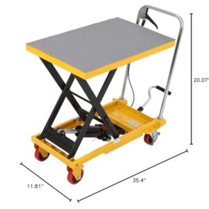 Hydraulic Lift Table Cart 1100lbs, Lift Table Capacity 35.5" Lifting Height, Manual Single Scissor with 4 Wheels and Non-Slip Pad Thickness 3mm for Material Handling and Transportation