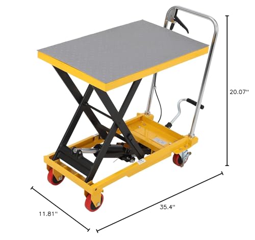 Hydraulic Lift Table Cart 1100lbs, Lift Table Capacity 35.5" Lifting Height, Manual Single Scissor with 4 Wheels and Non-Slip Pad Thickness 3mm for Material Handling and Transportation