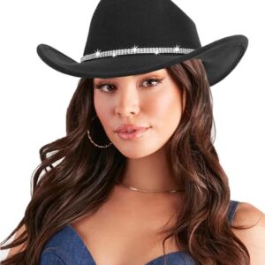 Women-Rhinestone-Western-Cowboy-Hats - Vintage-Wide-Brim-Cowgirls-Hat Bling-Diamond-Hat for Disco Music Party M/L Black