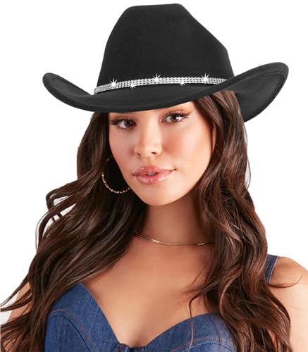 Women-Rhinestone-Western-Cowboy-Hats - Vintage-Wide-Brim-Cowgirls-Hat Bling-Diamond-Hat for Disco Music Party M/L Black