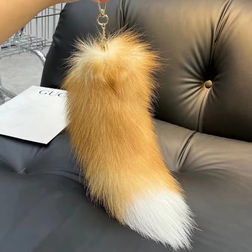 Alpertie Fluffy Real Fox Fur Tail Keychain Tassel Bag Cosplay Tails Charm Handbag Accessory Hook Pendant(Gold)