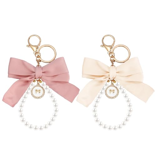 SMUOBT 2Pcs Cute Bow Keychain Wristlet for Women,Pearl Key Chains for Car Keys Pink White Bow Keychain Accessories Bag Chrams