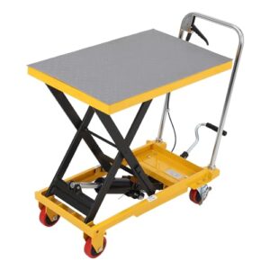 hydraulic lift table cart 1100lbs, lift table capacity 35.5" lifting height, manual single scissor with 4 wheels and non-slip pad thickness 3mm for material handling and transportation