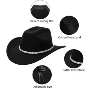 Women-Rhinestone-Western-Cowboy-Hats - Vintage-Wide-Brim-Cowgirls-Hat Bling-Diamond-Hat for Disco Music Party M/L Black