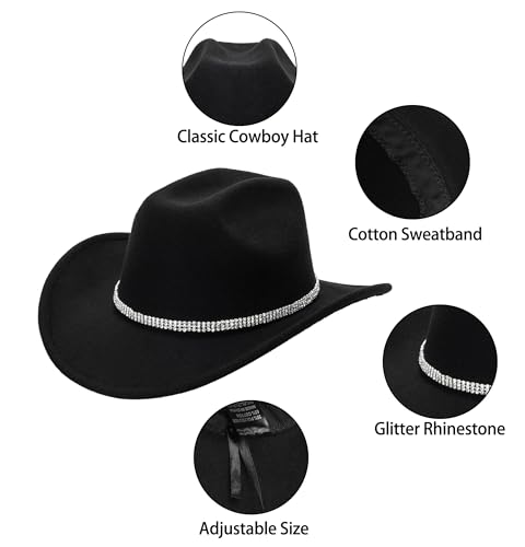 Women-Rhinestone-Western-Cowboy-Hats - Vintage-Wide-Brim-Cowgirls-Hat Bling-Diamond-Hat for Disco Music Party M/L Black