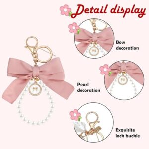 SMUOBT 2Pcs Cute Bow Keychain Wristlet for Women,Pearl Key Chains for Car Keys Pink White Bow Keychain Accessories Bag Chrams