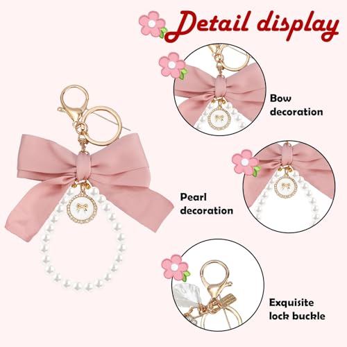 SMUOBT 2Pcs Cute Bow Keychain Wristlet for Women,Pearl Key Chains for Car Keys Pink White Bow Keychain Accessories Bag Chrams