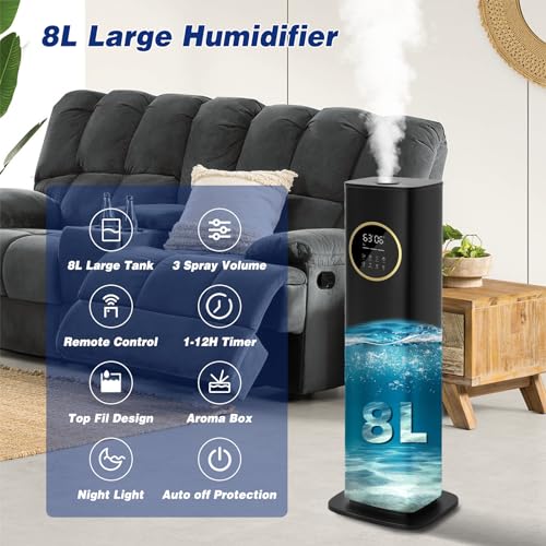 LACIDOLL Humidifiers for Bedroom, 2.1Gal/8L Humidifiers for Home, Humidifier large room with Essential Oil Diffuser, Top Fill Whole House Cool Mist Humidifiers for Plants Baby Kids Adults(Black)