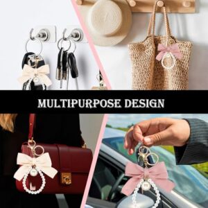 SMUOBT 2Pcs Cute Bow Keychain Wristlet for Women,Pearl Key Chains for Car Keys Pink White Bow Keychain Accessories Bag Chrams