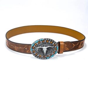 Women Western Cowboy Belt - PU Leather Longhorn Bull Turquoise Embossed Buckle Belt for Jeans Pants Dresses