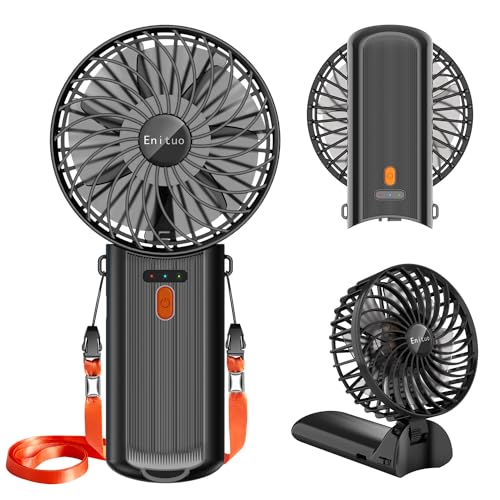 Portable Fan Handheld Fan, Mini Hand Held Fan, 6-15H Cooling Small Personal Fan, 180° Foldable Mini Desk Fan with 4 Quiet Speed, Neck Fan w/Lanyard for Kids Women Men Travel Outdoor Office, Black